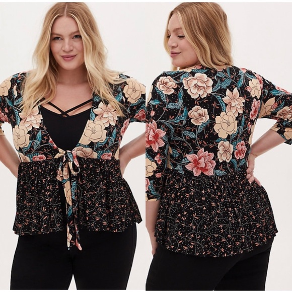 torrid Tops - *SOLD* Torrid Mixed Floral Tie Front Kimono Top